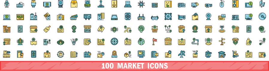 Canvas Print - 100 market icons set. Color line set of market vector icons thin line color flat on white