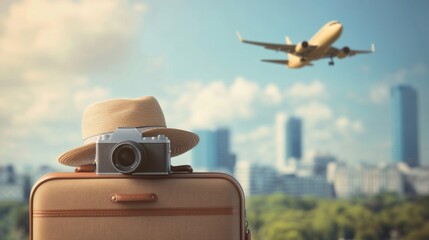 Wall Mural - Suitcase with a hat and camera and airplane