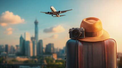 Wall Mural - Suitcase with a hat and camera and airplane