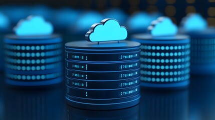 Poster - Blue illuminated cloud database storage concept showing multiple stacked servers and cloud icons, illustrating cloud computing technology.