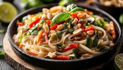 A vibrant vegetarian noodle dish with colorful vegetables and crushed peanuts in a rustic bowl, garnished with fresh basil.