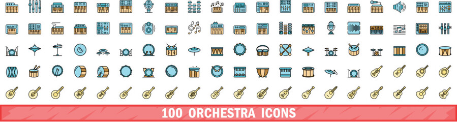 Poster - 100 orchestra icons set. Color line set of orchestra vector icons thin line color flat on white