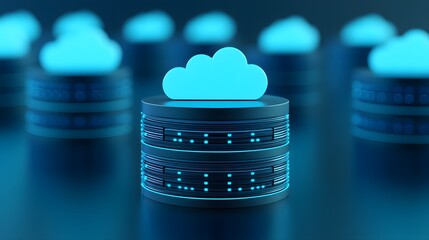 Cloud computing and data storage concept. Server towers with glowing cloud icons represent modern technology for data management.