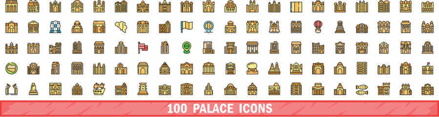Poster - 100 palace icons set. Color line set of palace vector icons thin line color flat on white