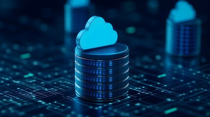 Cloud computing concept with digital database network on circuit board. Cloud database technology for business data storage.