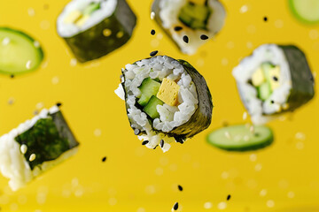 Traditional asian seafood levitating tasty food ingredients concept. Levitation or flying of rolled delicious sushi rolls Japanese dish prepared with boiled rice and nori on black background