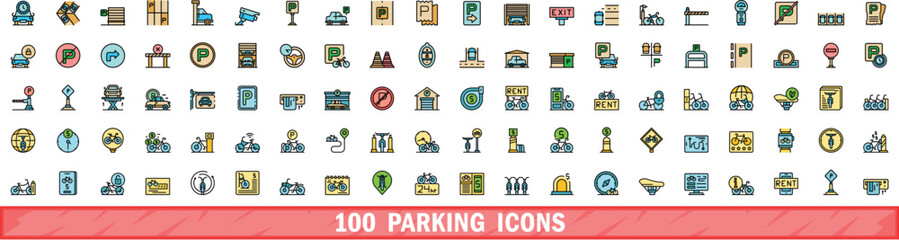 Poster - 100 parking icons set. color line set of parking vector icons thin line color flat on white