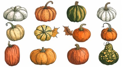 Illustrations of different varieties of pumpkins