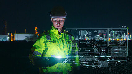 modern technology oil and gas refinery engineer worker using advance digital device monitor service 