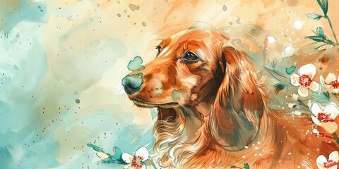 Poster - Hand drawn watercolor sketch of a long haired dachshund filled with delicate turquoise and white spring flowers