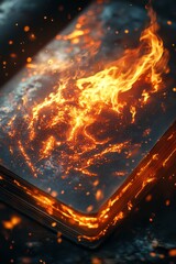 Poster - An artistic depiction of an open book engulfed in flames, illuminating the dark surroundings with vibrant orange and yellow hues.