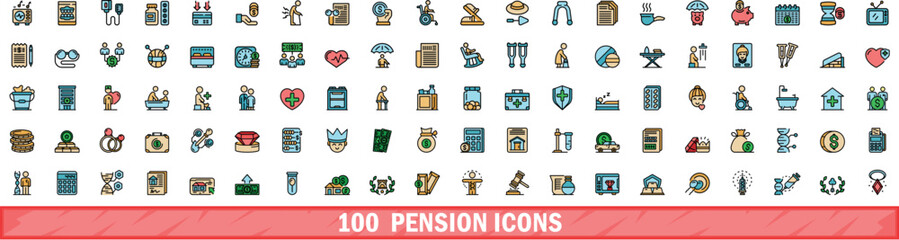 Poster - 100 pension icons set. color line set of pension vector icons thin line color flat on white