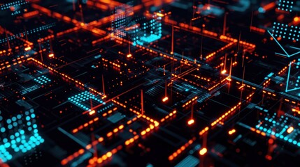 Poster - 3d illustration of digital world under cyber attack. futuristic cityscape with binary code overlaid 