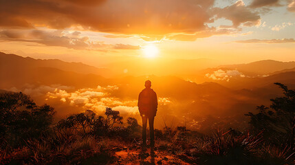 Wall Mural - Silhouette of a Man Standing on a Mountaintop at Sunset - Photo