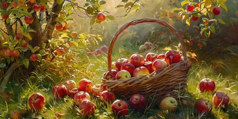 Wall Mural - Apples in a basket in a garden