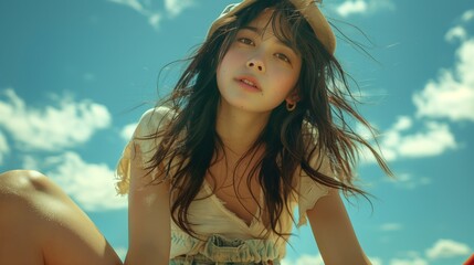 Wall Mural - young woman with long hair posing playfully outdoors under a sunny blue sky