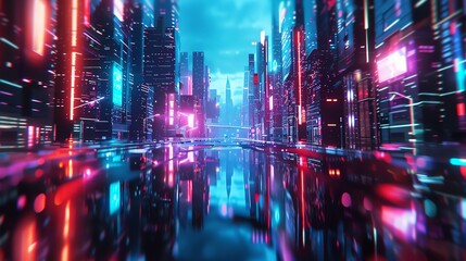 Wall Mural - A futuristic city with neon lights reflecting in a wet street.  Cyberpunk aesthetic.