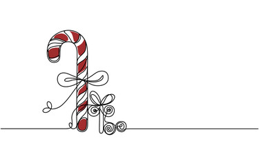 Wall Mural - Continuous one line drawing of Christmas candy. Christmas red candy cane isolated on white background. Vector illustration, Continuous line drawing. Sweet candy. Lollipop. Black isolated on white back