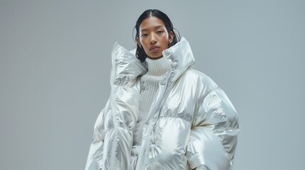 fashionable woman in oversized white puffer jacket posing in studio, glamorous fashion shoot portrai