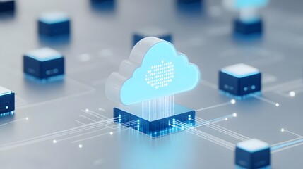 Poster - Cloud computing concept with stylized cloud and data storage icons connected by lines, illustrating data exchange and network connectivity.