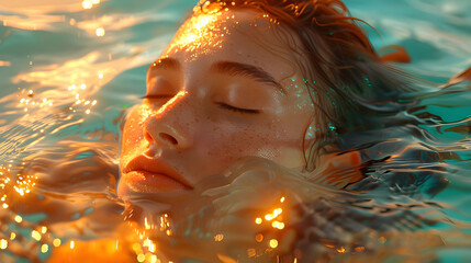 Wall Mural - Woman Submerged in Water with Golden Light Realistic Image