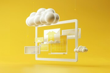 Aufkleber - 3d internet browser runing windows programs. The cloud computing supporting. White an yellow. 