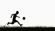 © wernerimages - A black silhouette of a boy running and kicking a soccer ball against a white background, capturing the energy and passion of a youthful soccer player in motion.