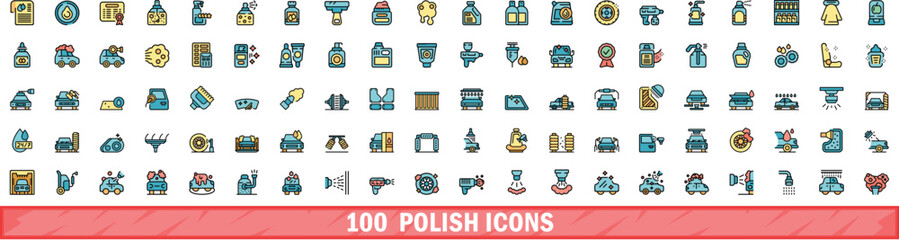 Poster - 100 polish icons set. color line set of polish vector icons thin line color flat on white