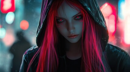 Wall Mural - Anime girl character with long red hair wearing a hood in a modern cyberpunk style background wallpaper AI generated image