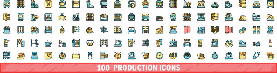 Poster - 100 production icons set. Color line set of production vector icons thin line color flat on white