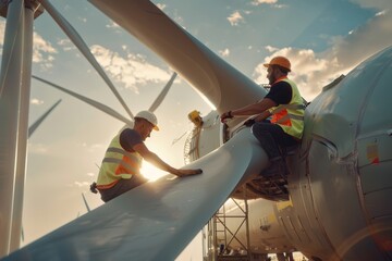 Two male workers, one of Middle Eastern descent, clean and inspect a wind turbine under a vibrant sunset sky.