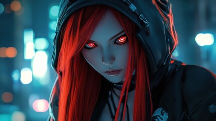 Sticker - Anime girl character with long red hair wearing a hood in a modern cyberpunk style background wallpaper AI generated image