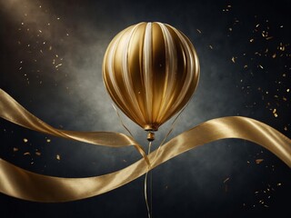 Poster - Golden hot air balloon floats amidst dark, moody background, with shimmering gold confetti gently falling around it. Balloon intricately designed with vertical stripes, giving it elegant appearance.