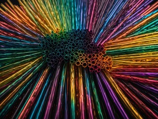 Poster - Vibrant array of colored straws spread out in radial pattern, creating visually striking effect. Straws densely packed at center, fan out towards edges.