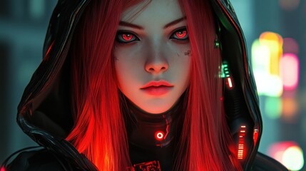 Wall Mural - Anime girl character with long red hair wearing a hood in a modern cyberpunk style background wallpaper AI generated image