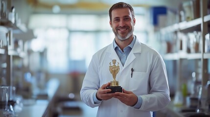 scientist holding golden trophy in laboratory, beaming with pride, celebrating success in scientific