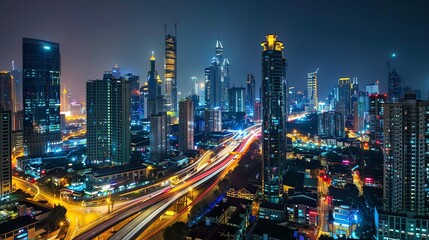 Wall Mural - A vibrant cityscape at night, illuminated by countless lights.  Tall skyscrapers reach for the sky, creating a dynamic and futuristic scene.