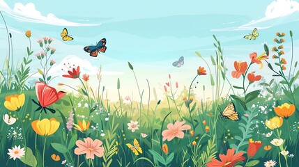 Wall Mural - A vibrant field of colorful wildflowers with butterflies fluttering in the summer breeze.