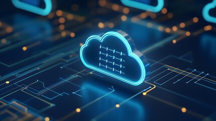 Poster - Digital cloud computing graphic illustrating data storage technology, showing a stylized cloud icon on a futuristic circuit board background.