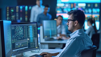 Poster - confident young male data scientist works on computer in big infrastructure control room with neural