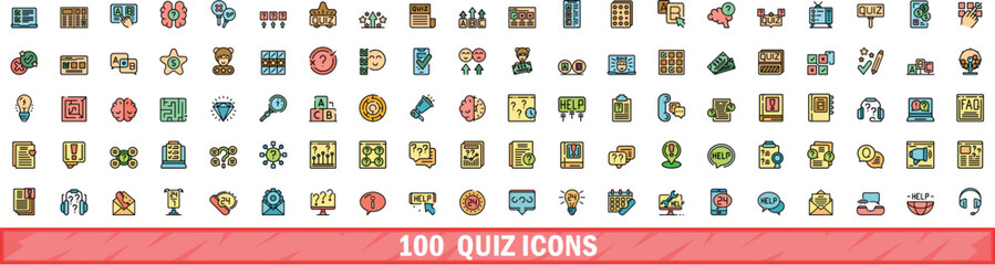 Poster - 100 quiz icons set. Color line set of quiz vector icons thin line color flat on white