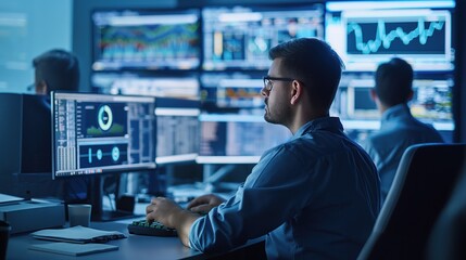 Poster - young male data scientist works on computer in modern office room with colleagues. wears headset, us