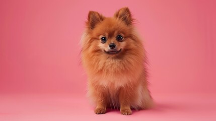 A fluffy Pomeranian sitting on a soft pink background with space above for text