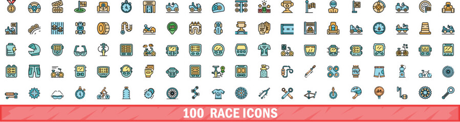 Poster - 100 race icons set. Color line set of race vector icons thin line color flat on white