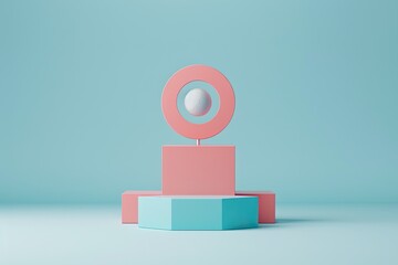 Poster - Minimalistic geometric shapes in pastel colors on a soft blue background. Modern abstract composition for design and art projects.