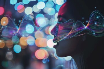 Poster - Close-up of a woman's face as she interacts with a digital interface, , AI generated