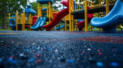 Playground with bright colors and soft rubber surface creates visually appealing and safe play environment