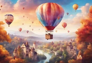 Wall Mural - hot watercolor balloon air kids illustration landscape sky mountain moon cute children baby shower childcare center little funny set drawing poster