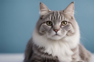 Wall Mural - sitting gray cat background white blue studio shot striped adorable animal baby beautiful breed cute fluffy grey hair kitten little look pet portrait short small young chubby closeup funny photogenic