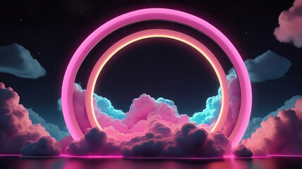 Poster - abstract cloud illuminated with neon light dark night ring on sky glowing frame